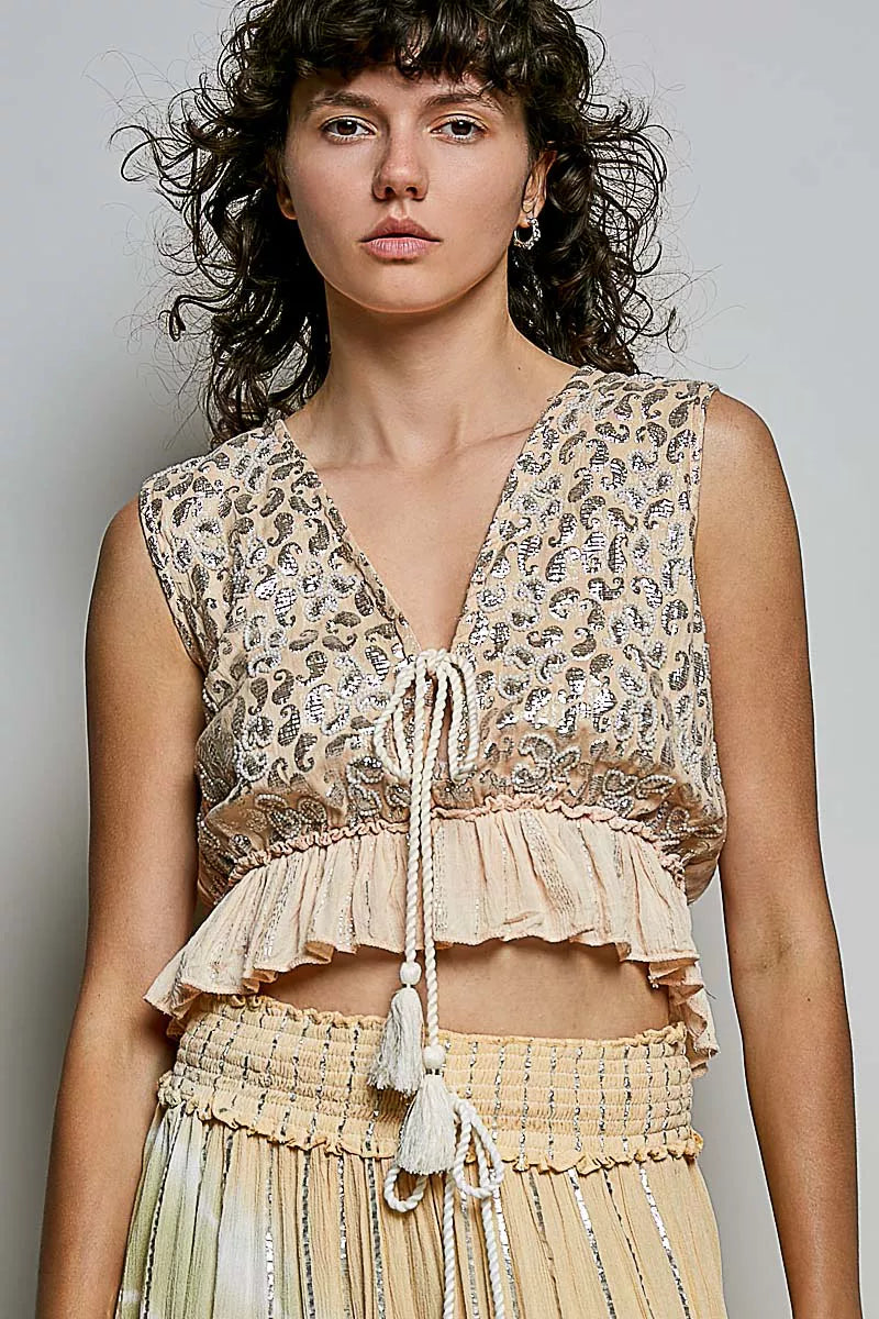 Shimmer tie front ruffle hem crop top front view