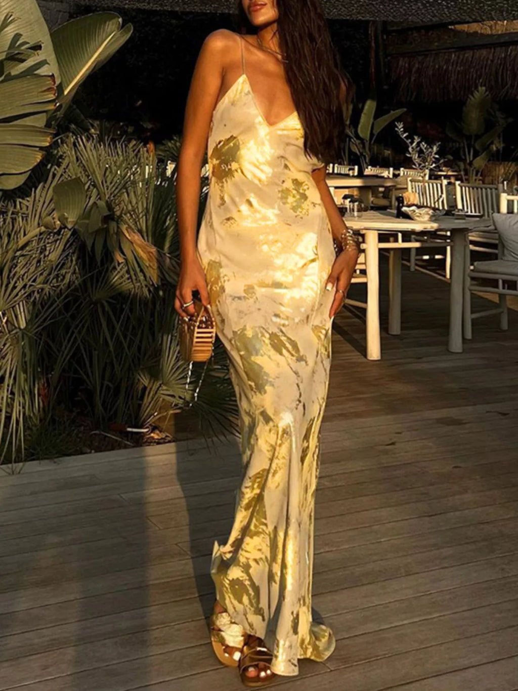 Gold backless V neck maxi dress front view