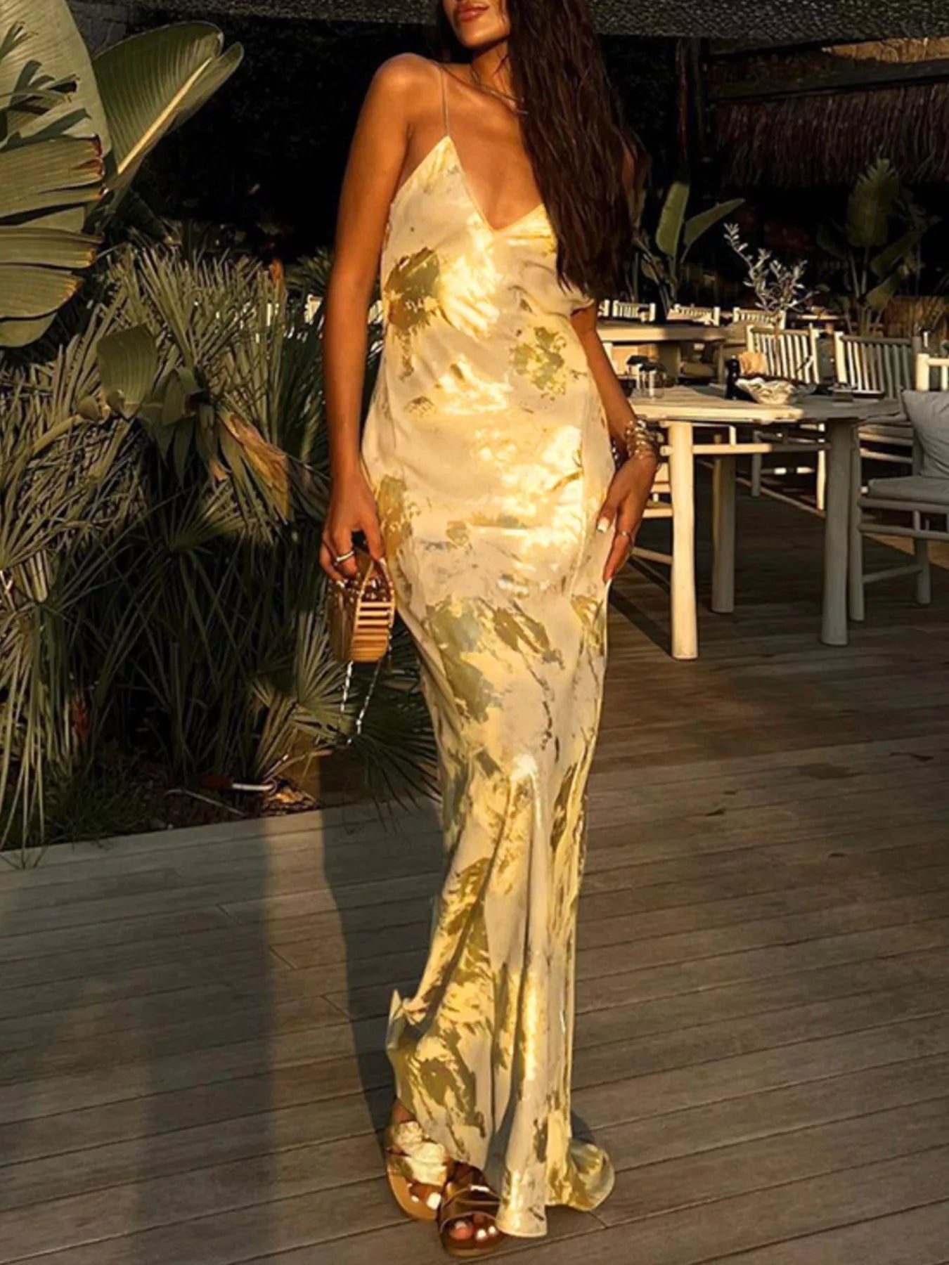 Gold backless V neck maxi dress front view