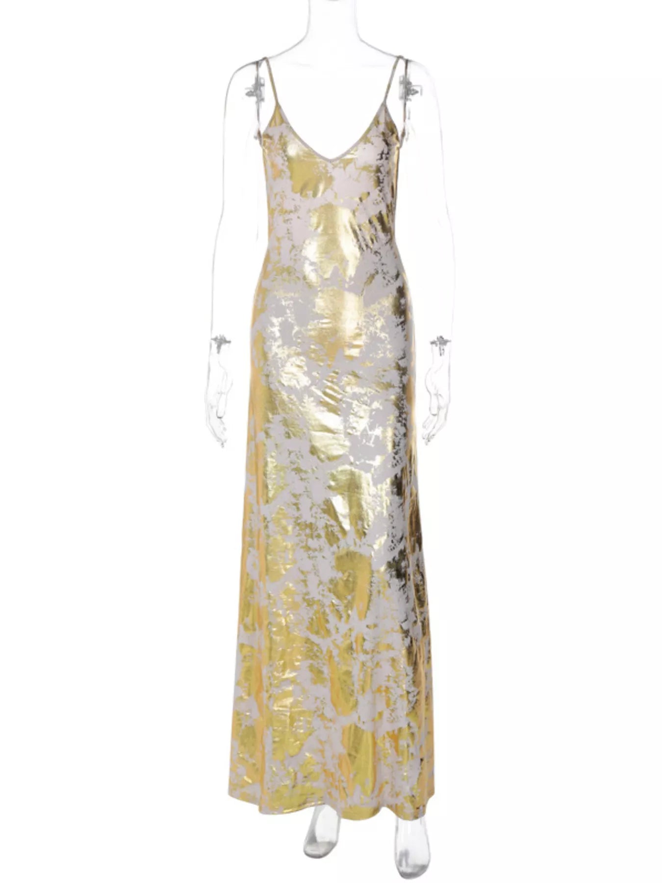 Gold V neck maxi dress evening styled look