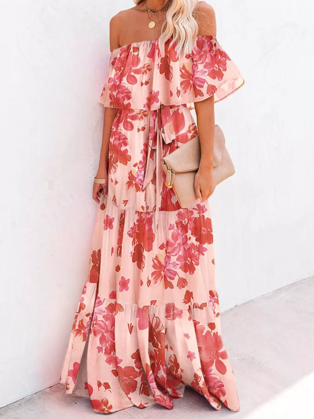 Off shoulder tiered maxi dress front view floral print