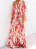 Off shoulder tiered maxi dress front view floral print