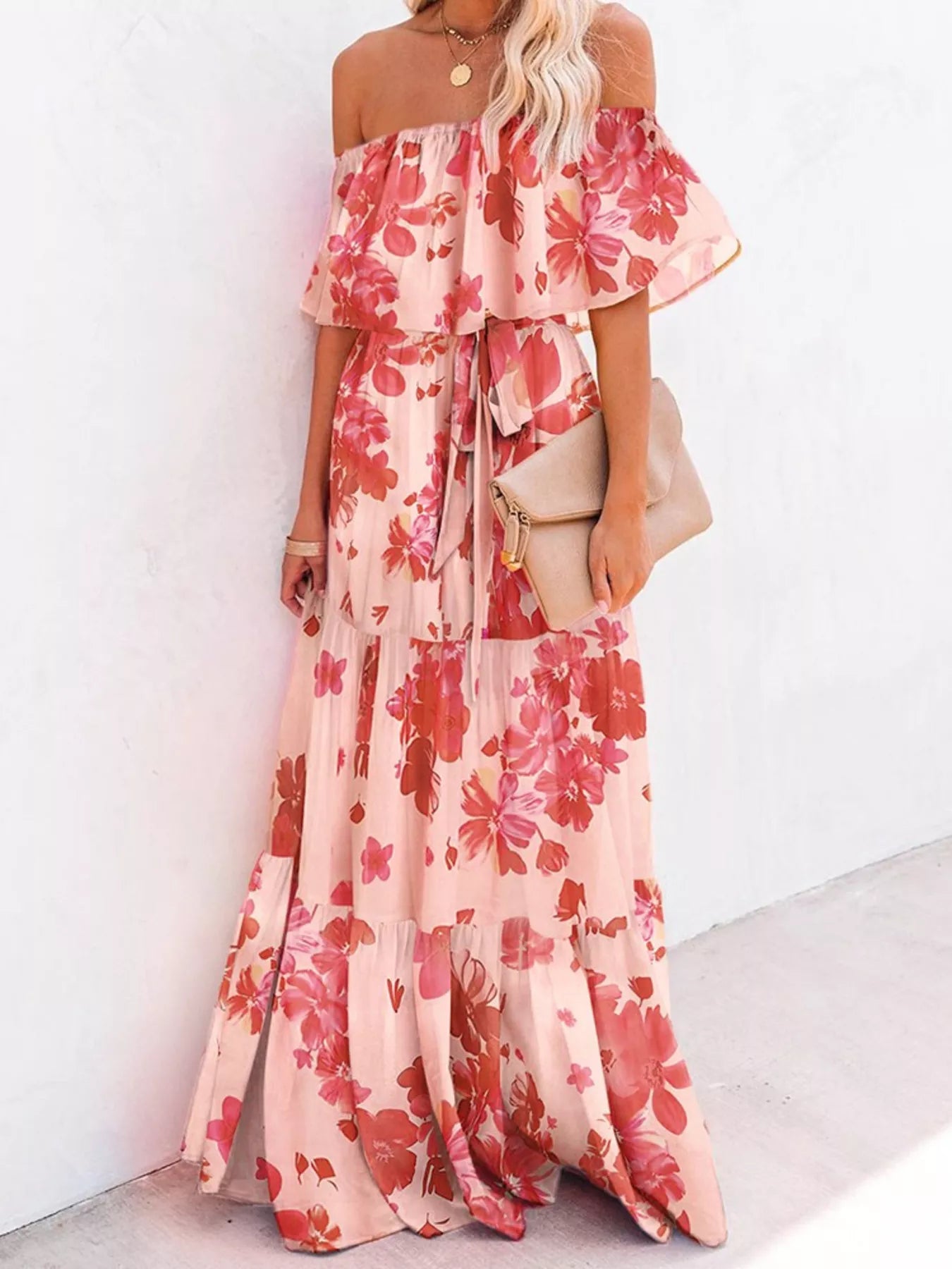 Off shoulder tiered maxi dress front view floral print