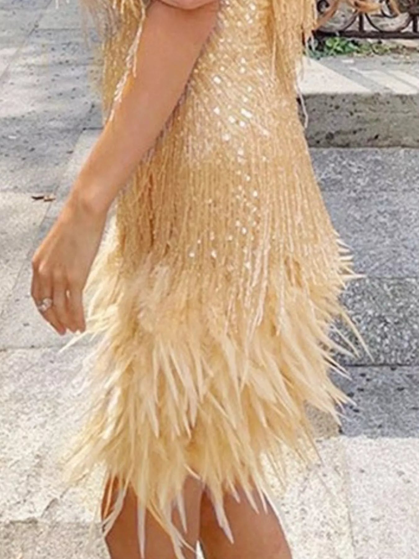 Sequin and feather fringe mini dress full length view