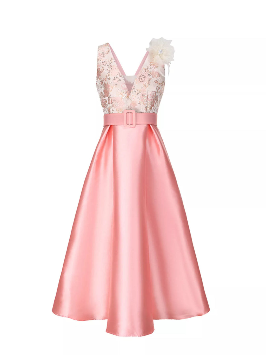 Floral sleeveless belted midi dress front view in orange pink