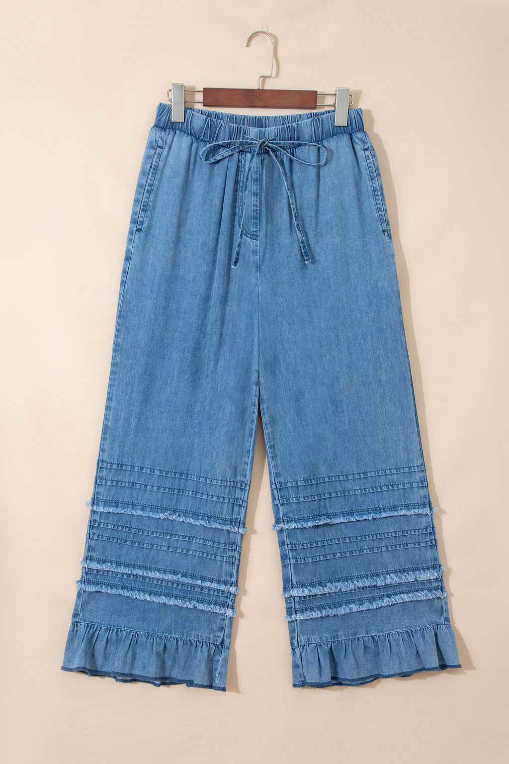 Beau Blue Ruffled Hem Wide Leg Chambray Pants