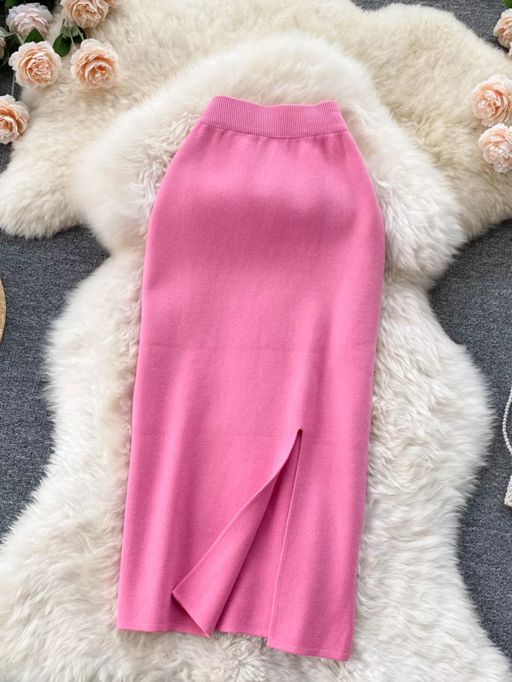 Slit knit midi skirt front view in pink