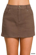 Brown cotton twill lined mini skirt front view