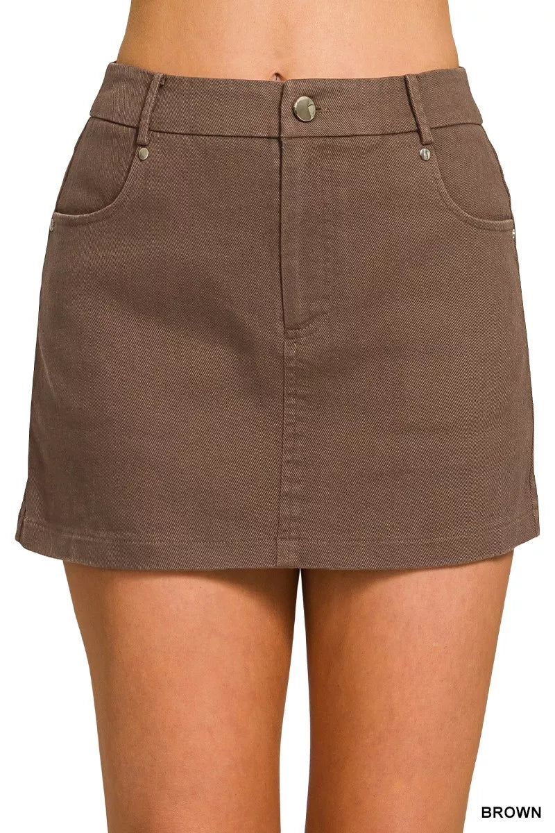 Brown cotton twill lined mini skirt front view