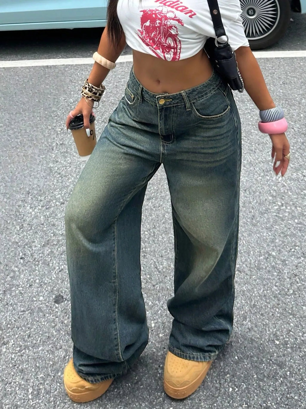 Vintage wash wide leg jeans front view