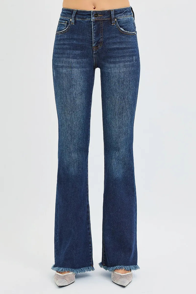 RISEN tummy control mid rise flare jeans front view