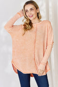 Oversized washed waffle long sleeve top front view