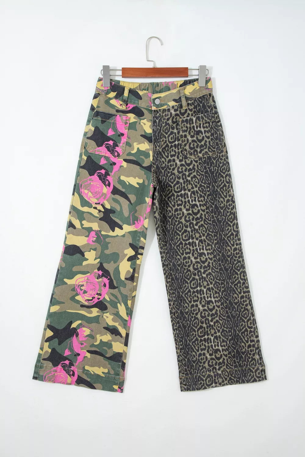 Floral and leopard patchwork panel detail on denim