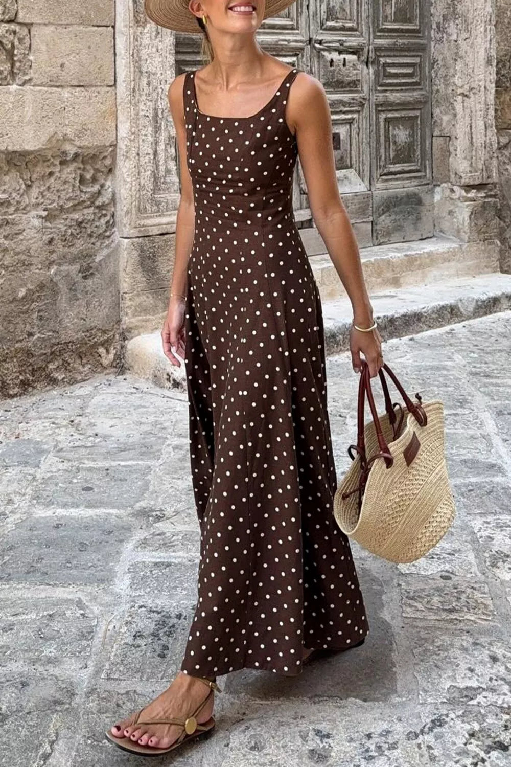 Coffee brown polka dot maxi dress on model