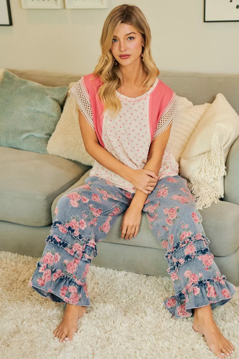 Floral washed denim pants full outfit view