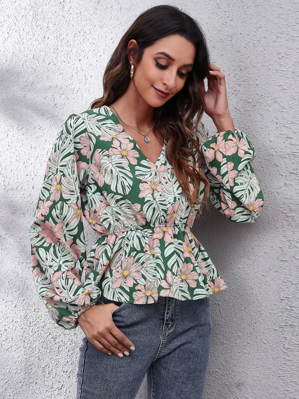 Floral blouse balloon sleeve detail close up