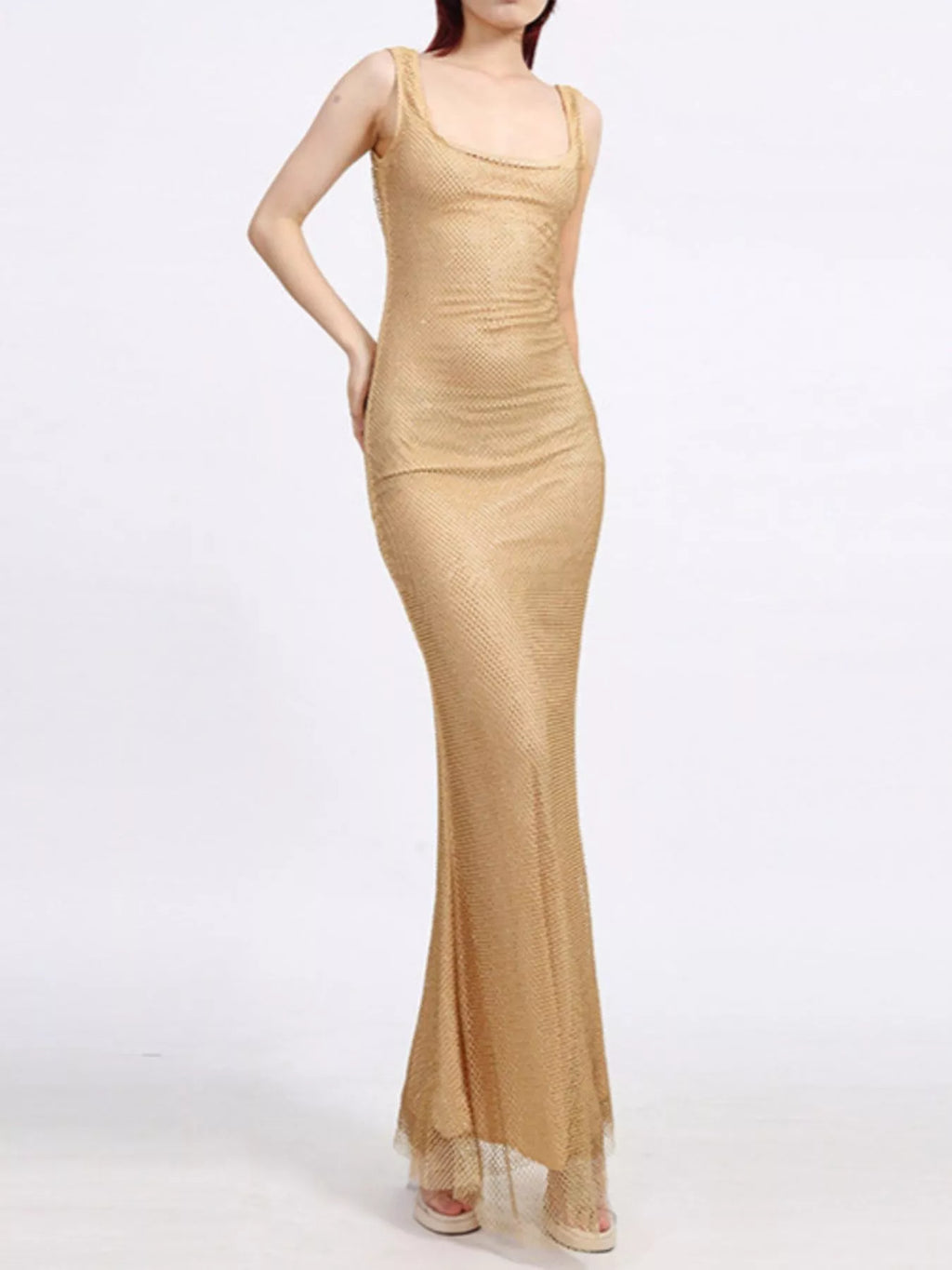 Backless sequin maxi dress front view in gold