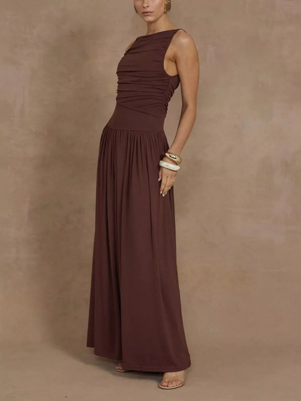 Ruched maxi dress styled on model