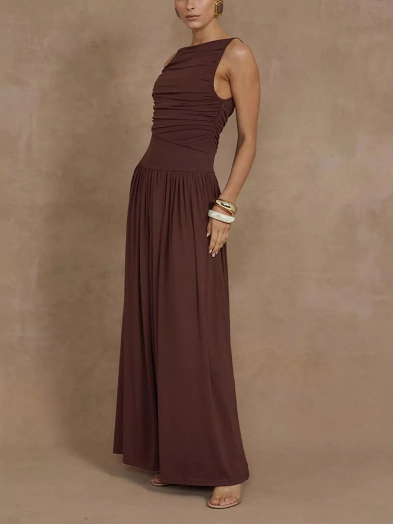 Ruched maxi dress styled on model