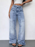 Washed wide leg cargo jeans front view