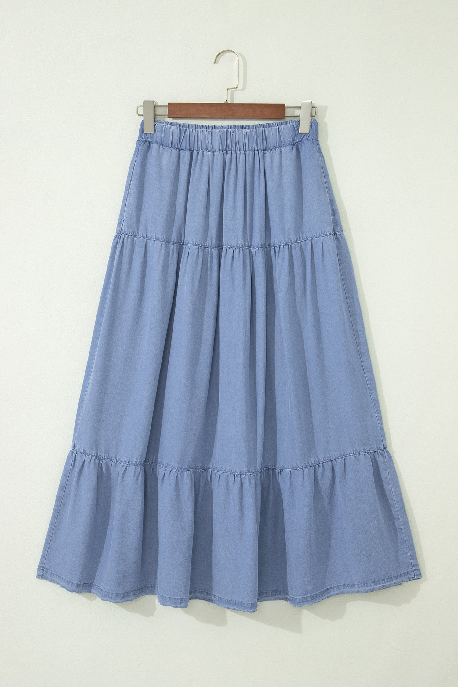 Black Elastic Waist Ruffled Tiered Flared Denim Maxi Skirt