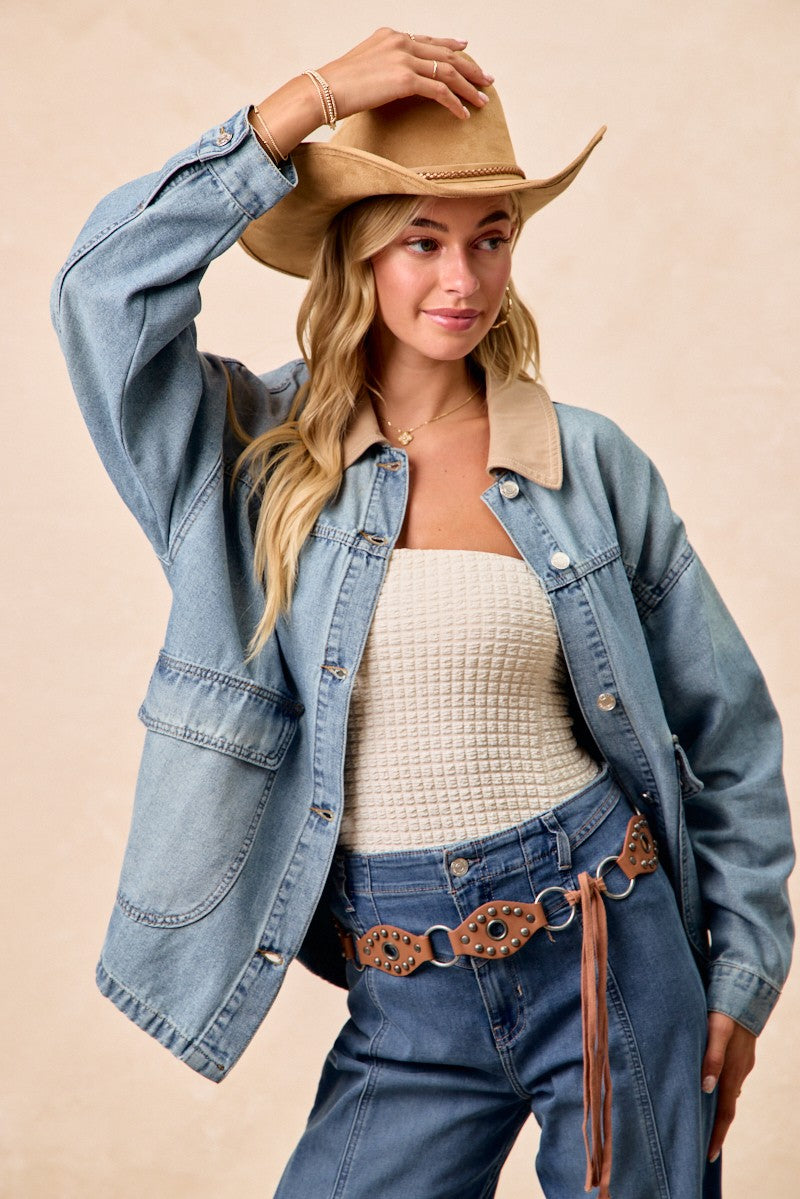 Vintage washed denim jacket flat lay