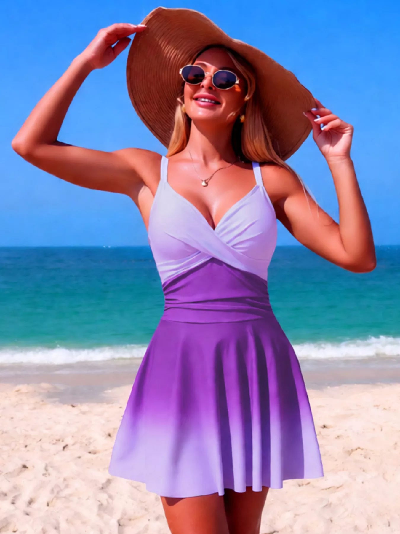 V neck gradient swimsuit lifestyle beach shot