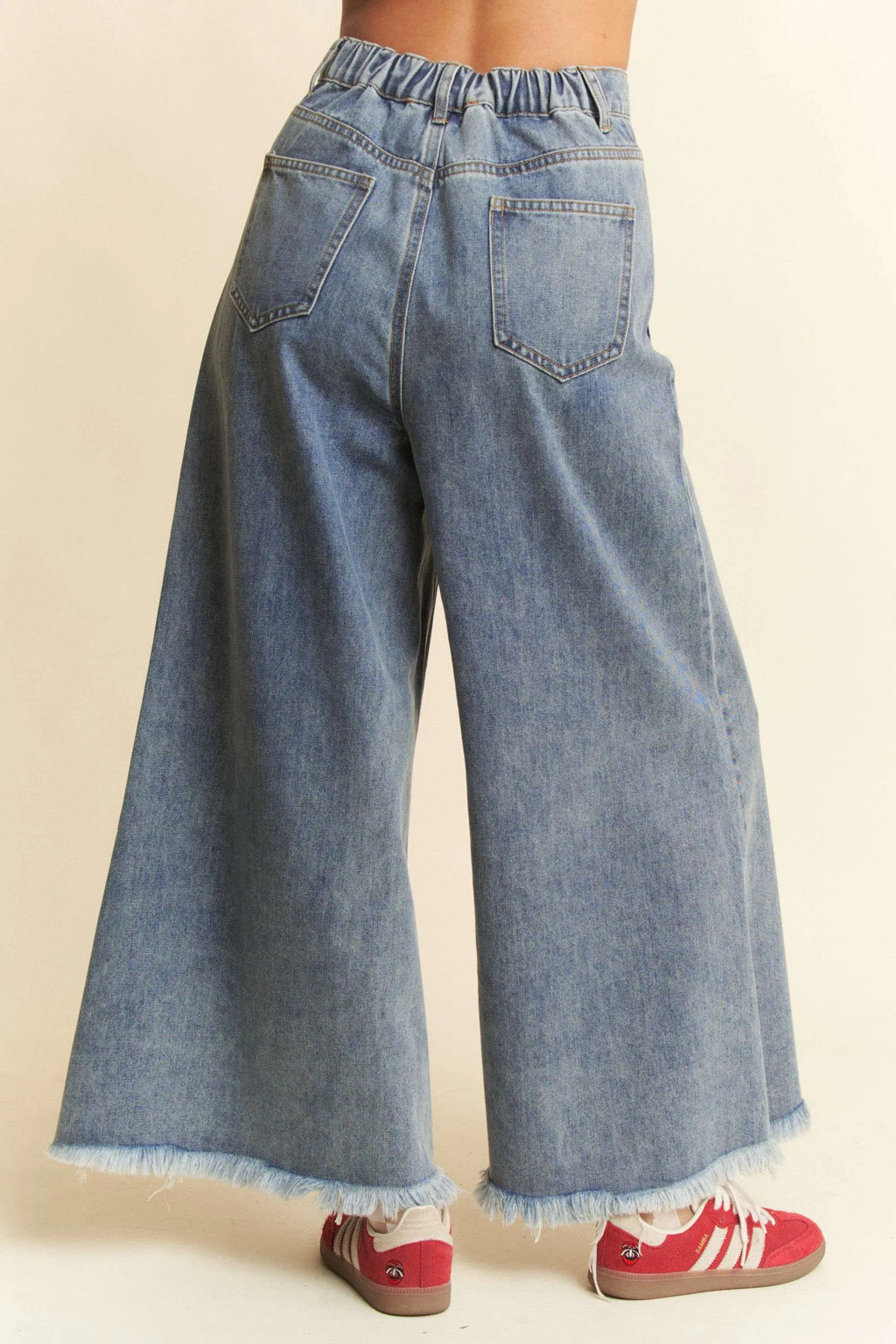 Wide leg denim culottes patch pocket detail