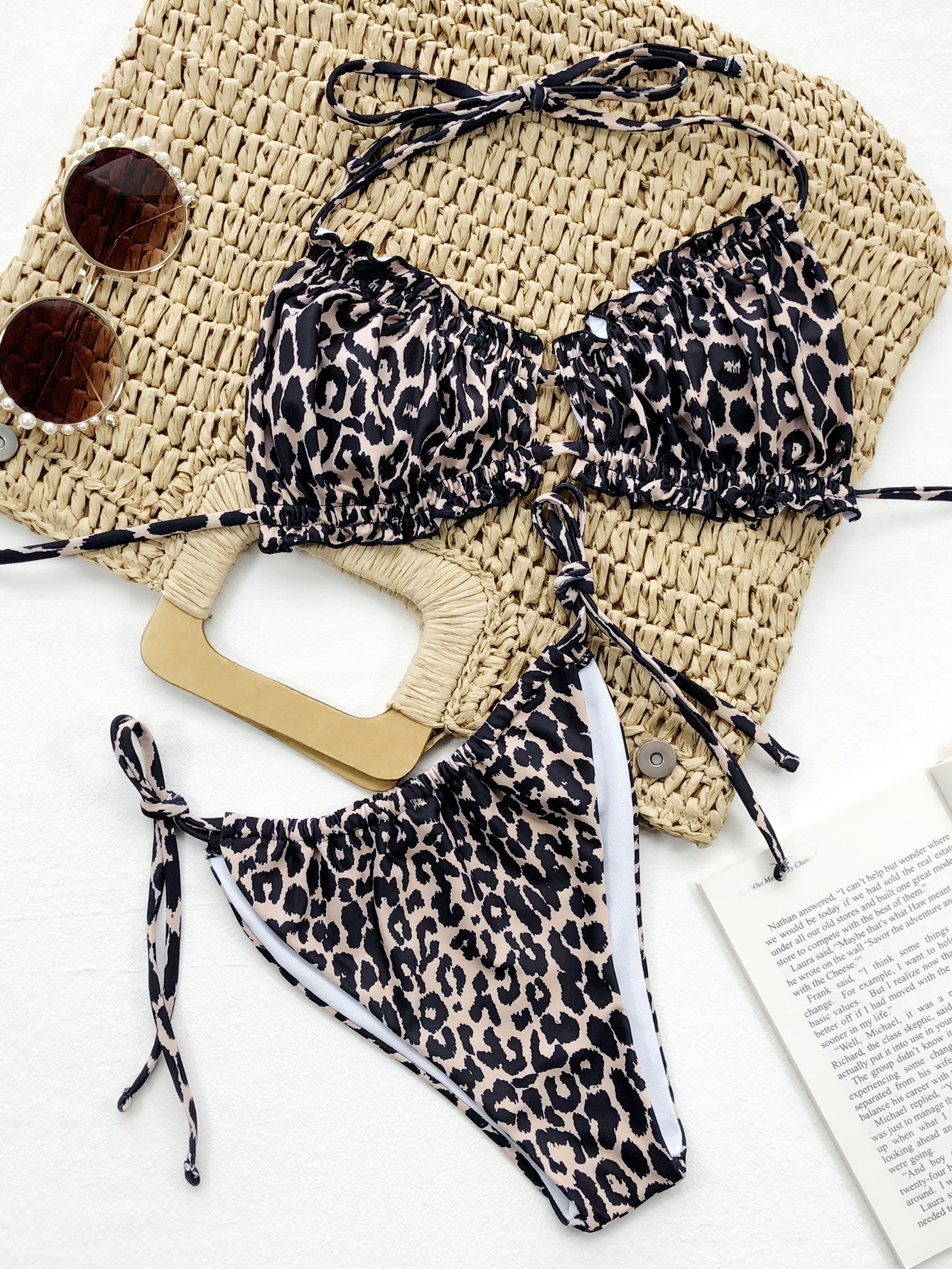 Leopard print bikini set tie side bottoms detail