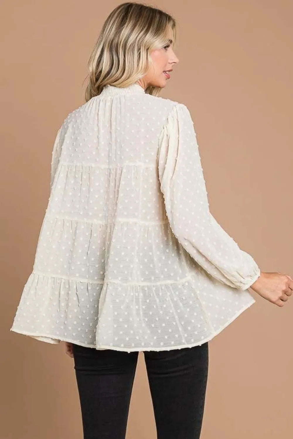Swiss dot smocked mock neck blouse side view