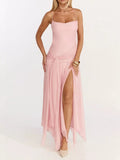 Pink slit spaghetti strap dress front view