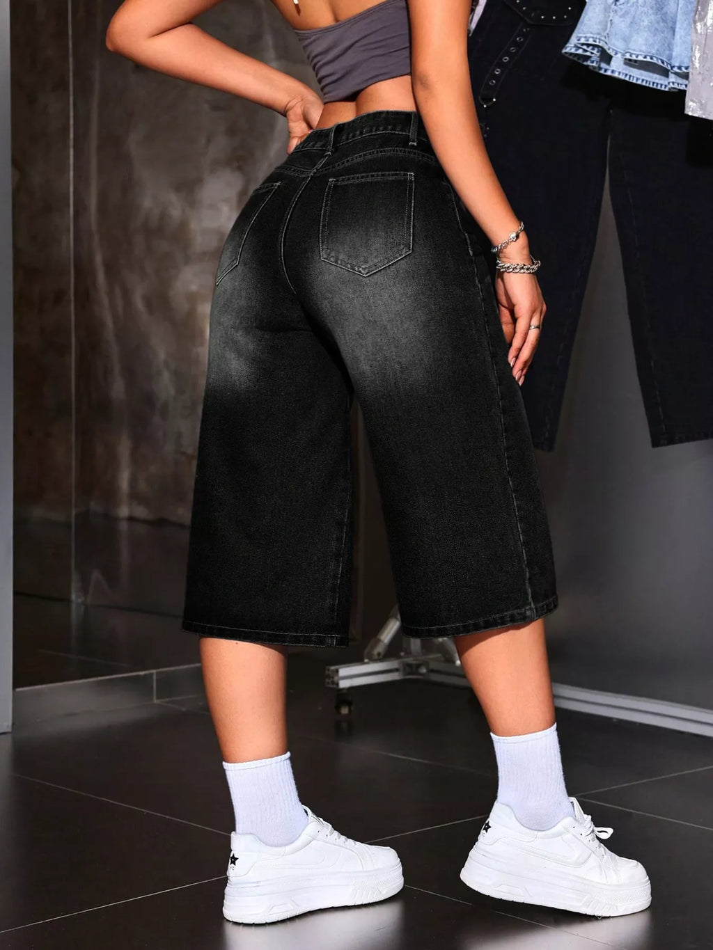 Black denim capris styled casual outfit view