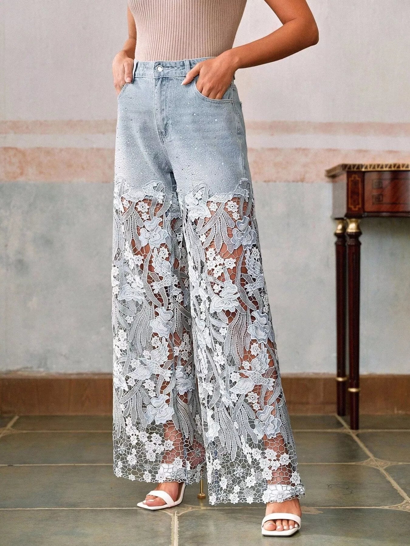 Lace detail wide leg jeans in light blue front view