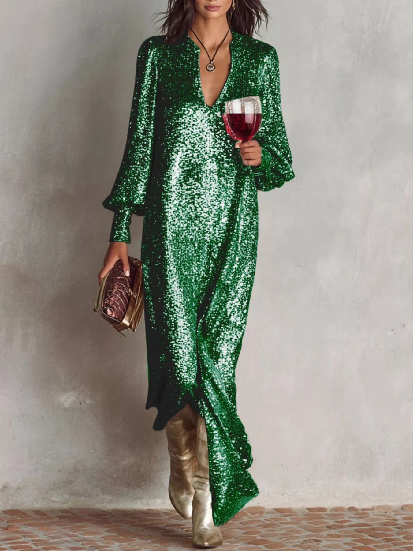 Sequin evening gown in dark green