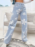 Black floral wide leg denim jeans front view on model
