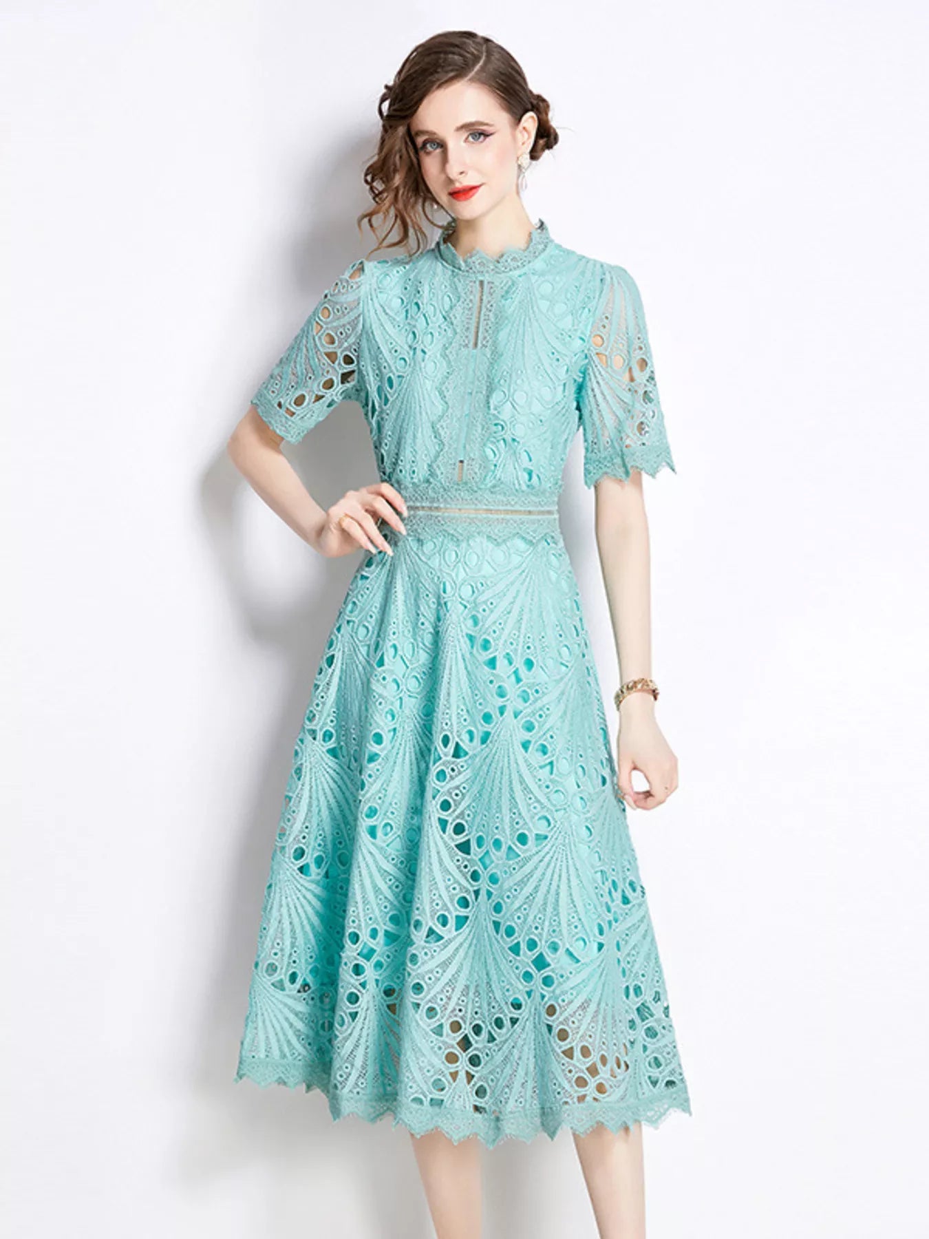 Red lace short sleeve midi dress front view