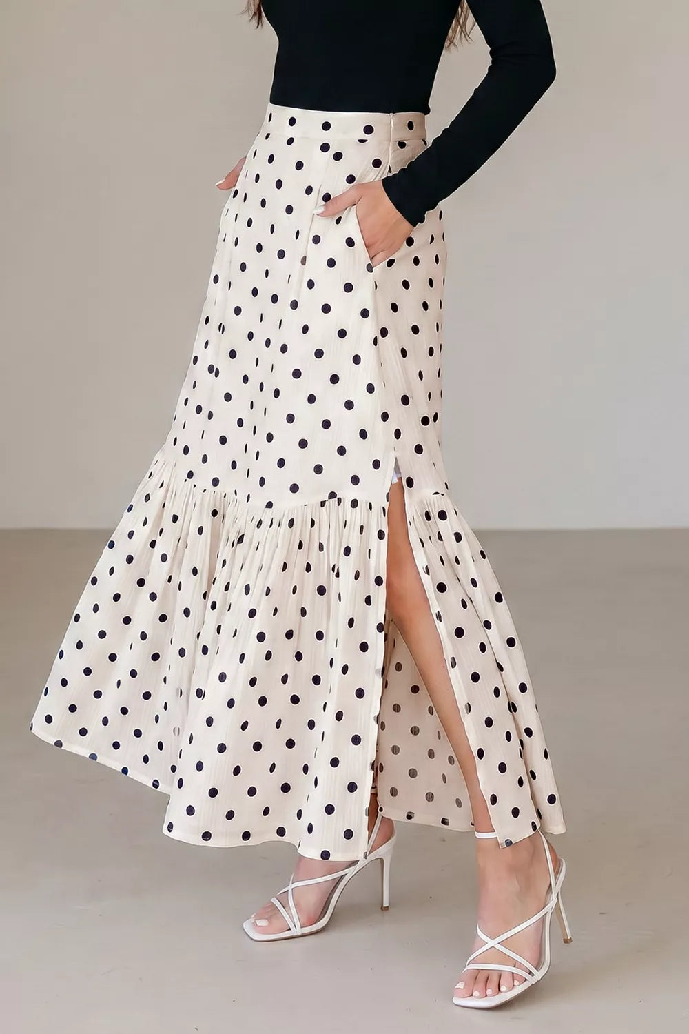 Polka dot maxi skirt side view showing slit