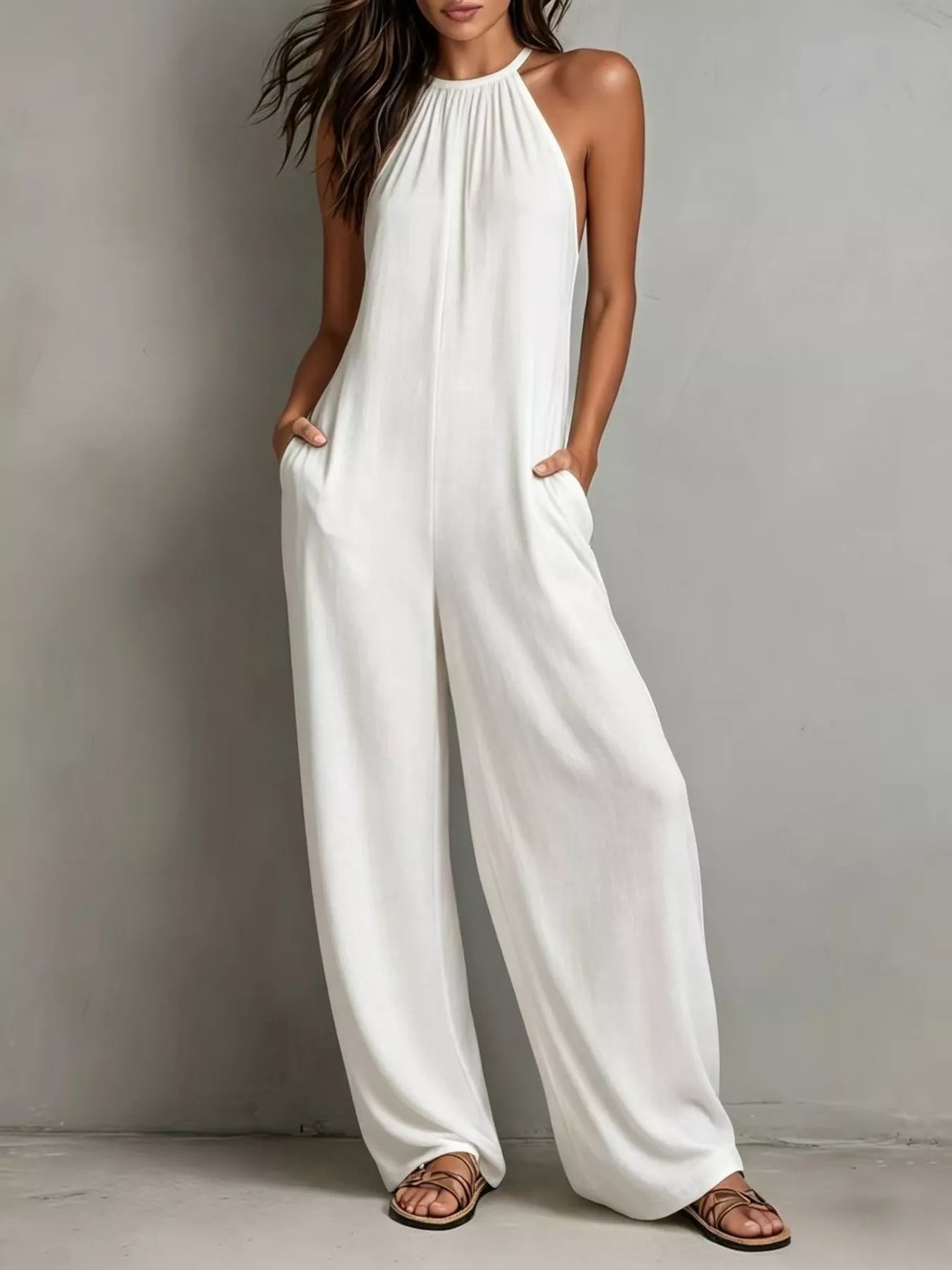 Sleeveless wide leg jumpsuit front view