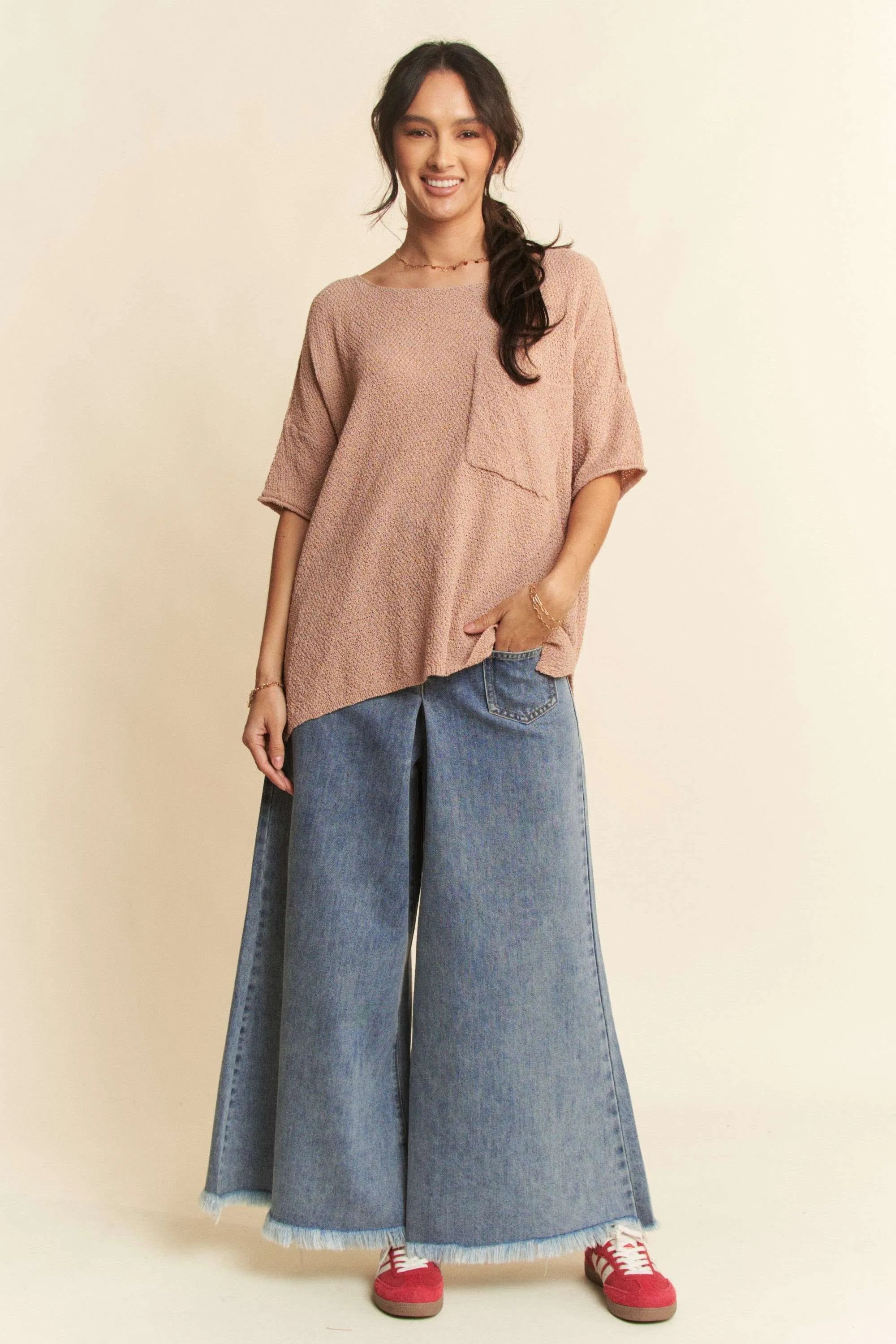 Culotte jeans worn on model front