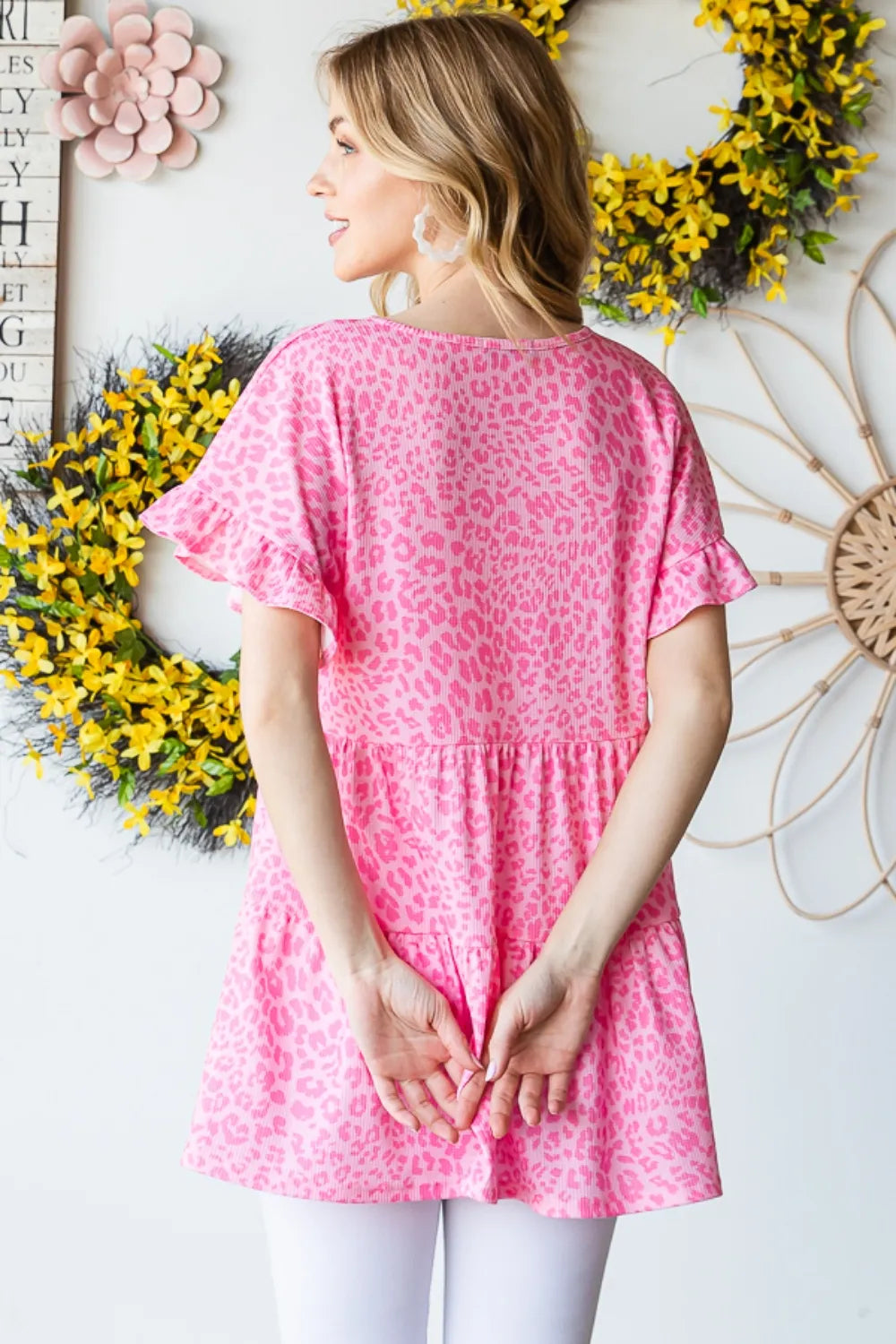 Leopard ruffle trim short sleeve top back view