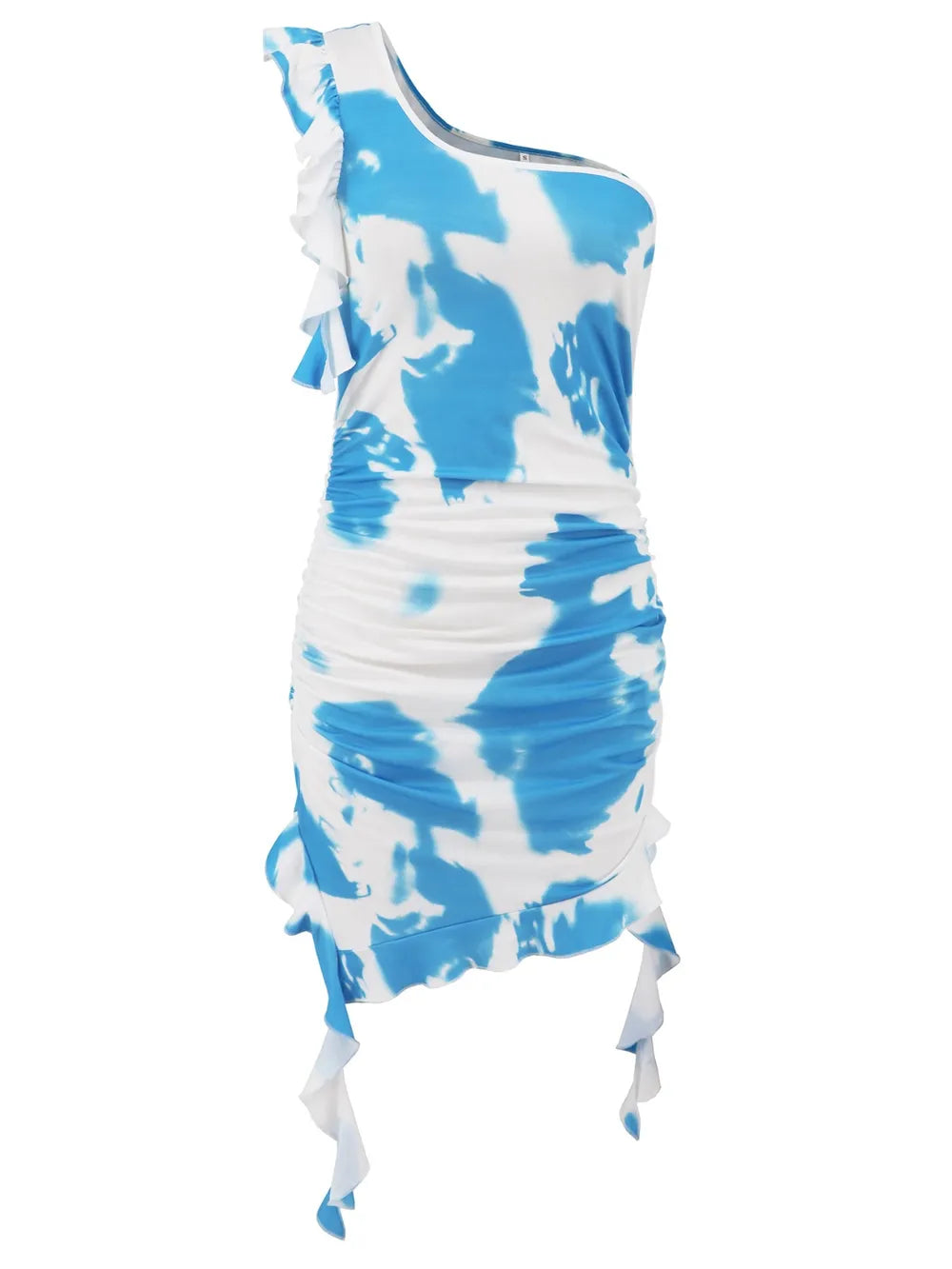Pastel blue tie dye one shoulder mini dress back view