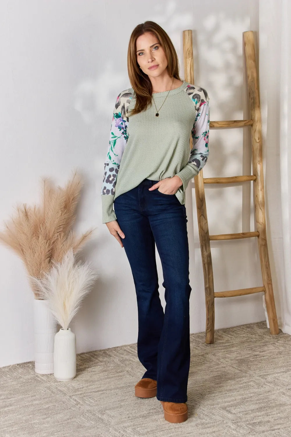 Printed blouse round neckline detail close up