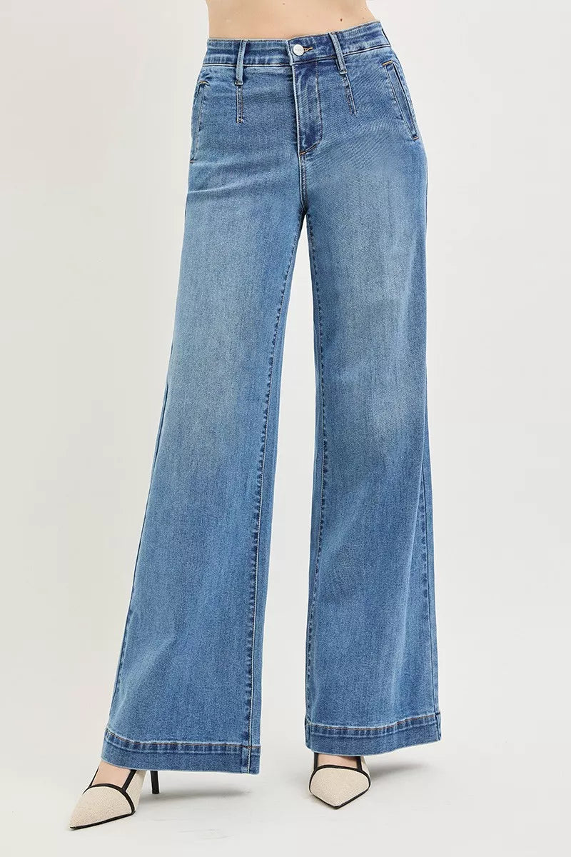 RISEN high rise tummy control wide leg jeans front view