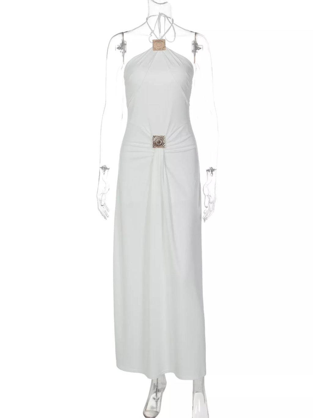 Black halter neck maxi dress side view