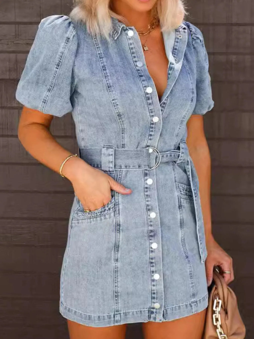 Puff sleeve denim shirt dress front view
