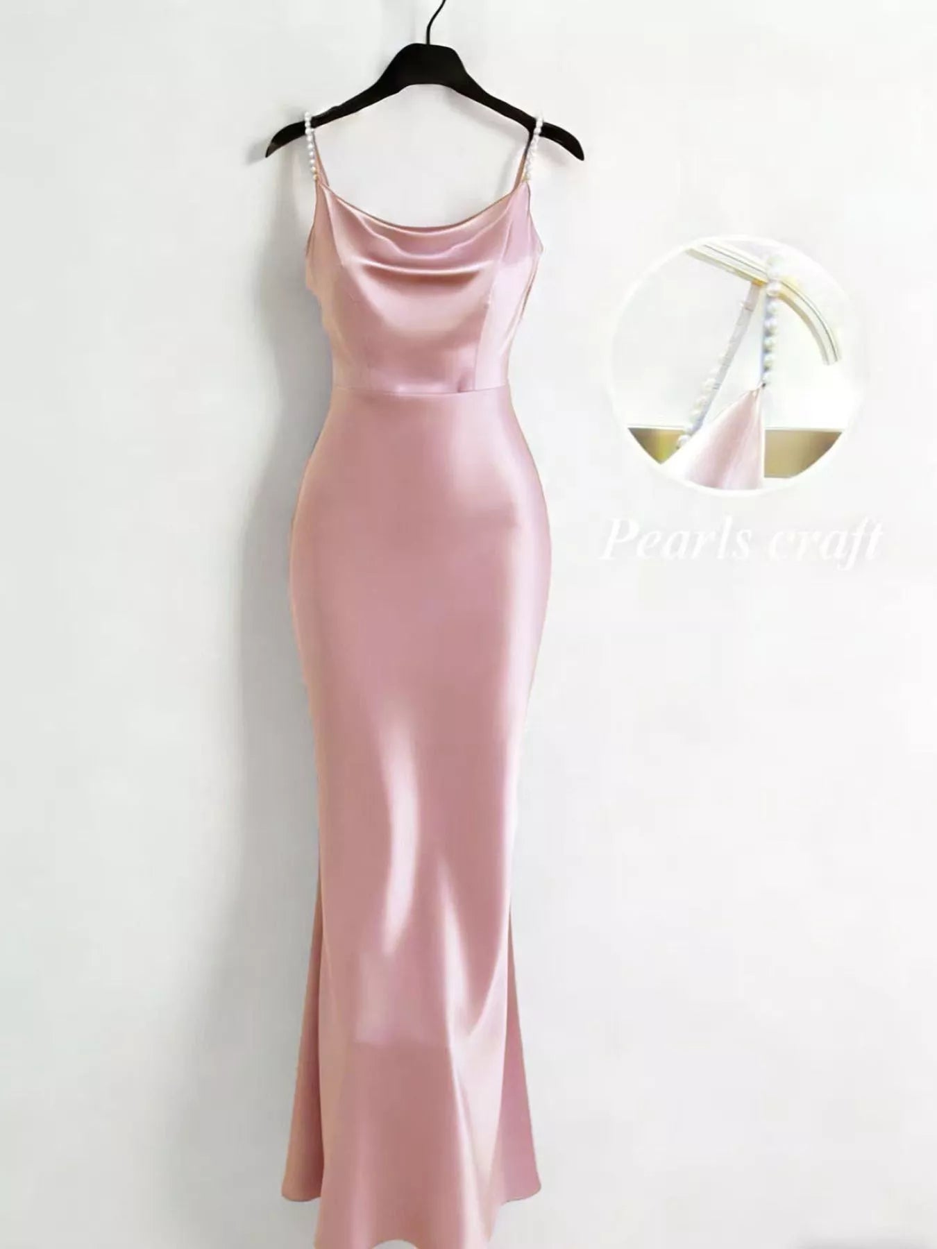 Satin maxi dress side view showing pearl straps