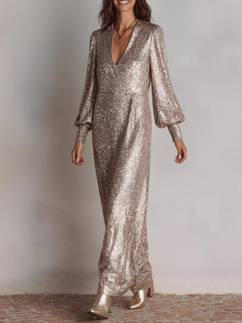 Notched neckline sequin dress close up detail