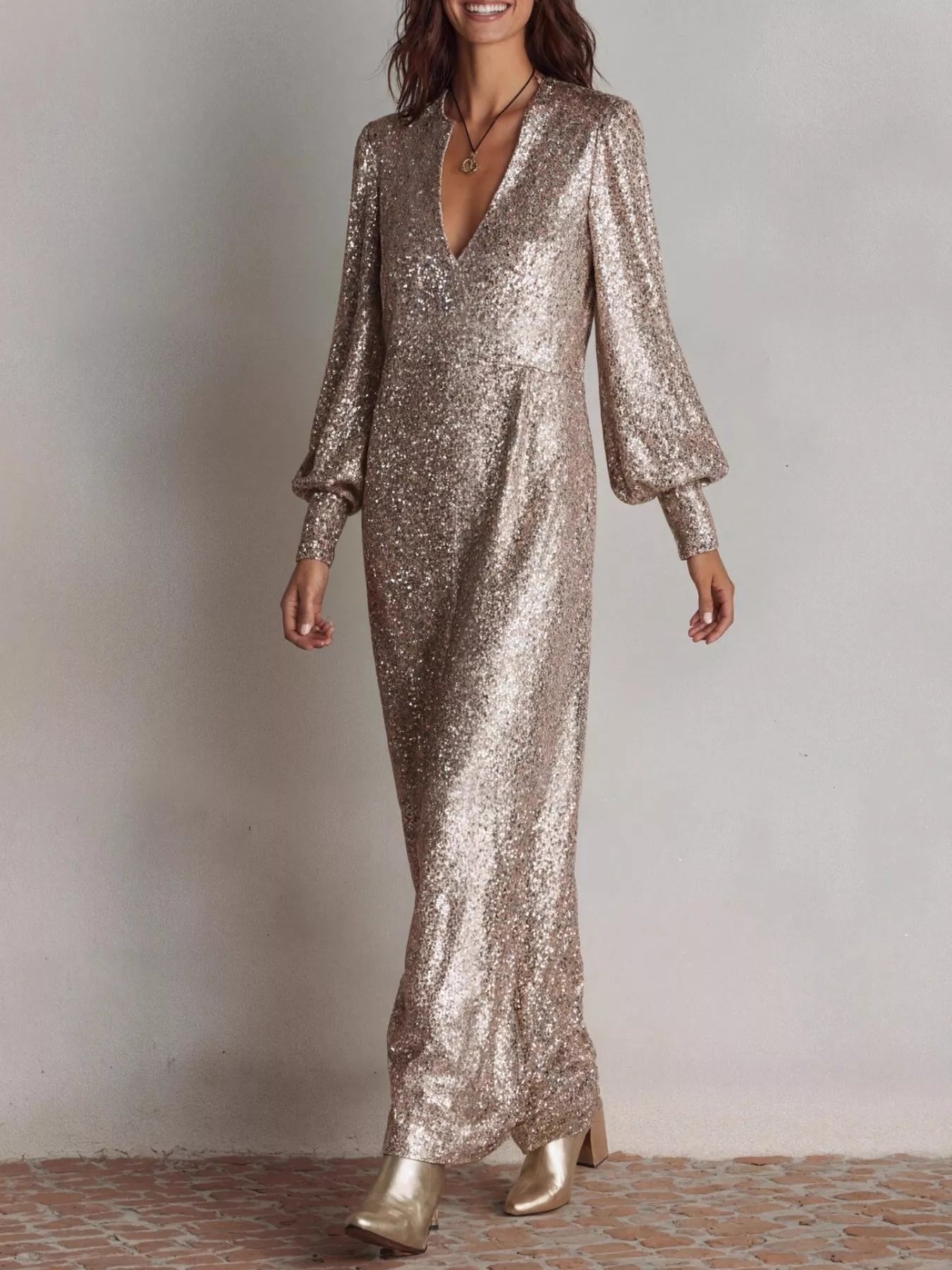 Notched neckline sequin dress close up detail