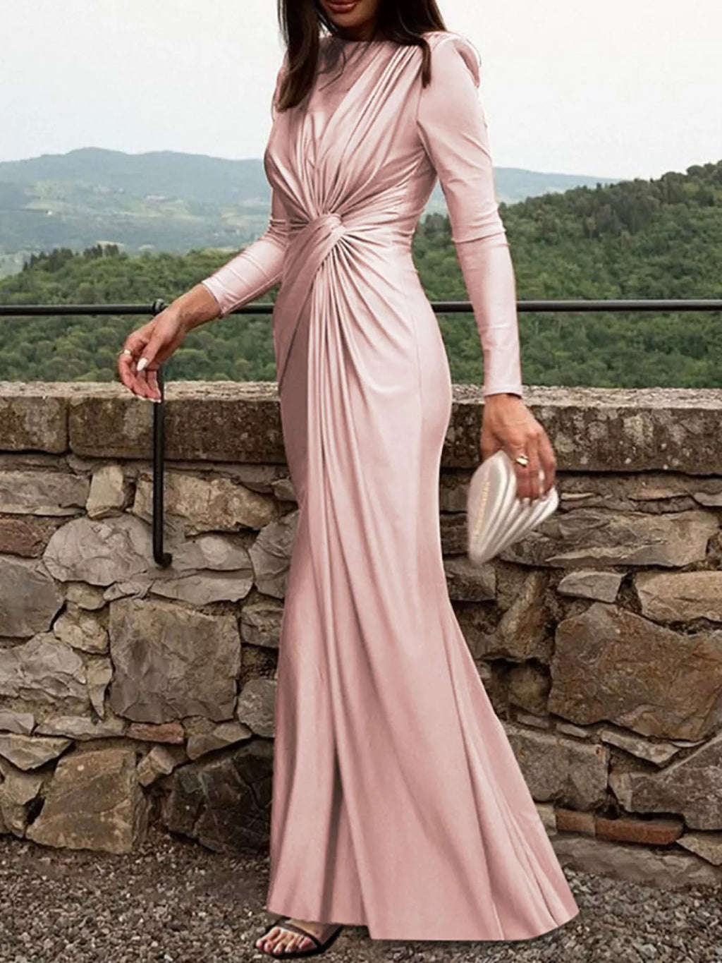 Pink twisted long sleeve maxi dress on model