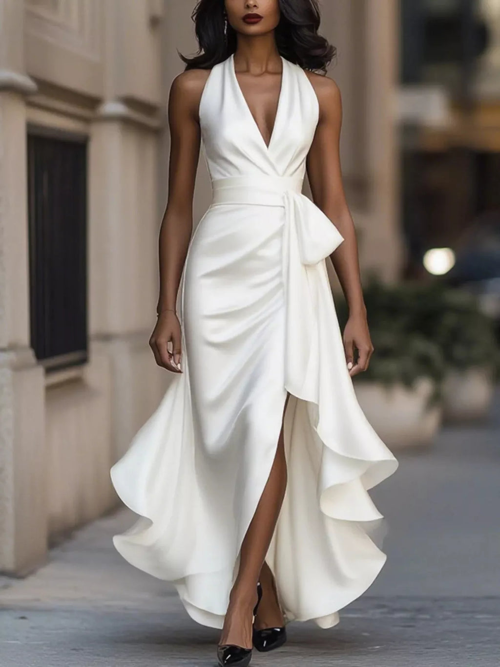 White ruffled halter neck maxi dress front view